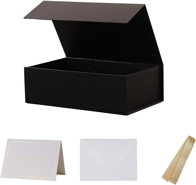 UoeRing 1 Pcs Black Gift Box,9.5x6x3 Magnetic Gift Box for Presents with Lids Rectangle Collapsible for Bridesmaid Proposal Box,Wedding,Christmas,Birthday Gift Packging with Ribbon Card Envelope - Image 1